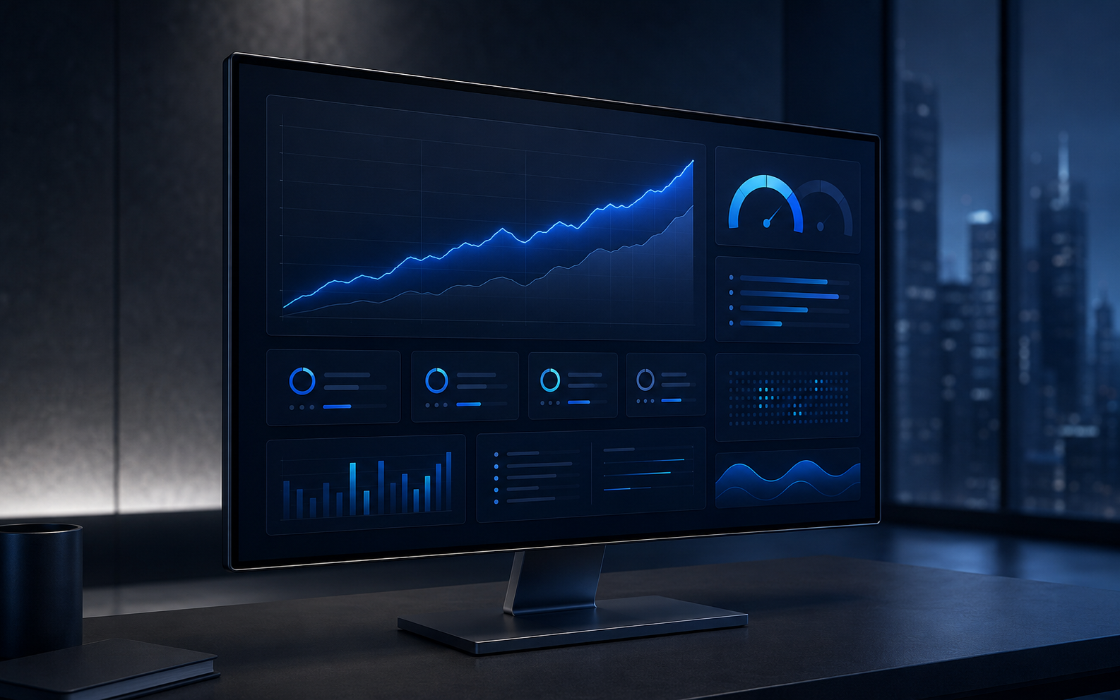 Analytics dashboard visual showing revenue trends and performance indicators